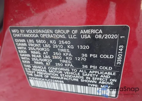 2020 Volkswagen Atlas Cross Sport 3.6L V6 Se W/Technology/3.6L V6 Se W/Technology R-Line z USA, uszkodzony, nr VIN 1V2YE2CA1LC226585